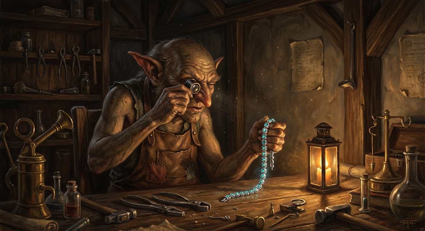 Goblin jeweler examining a VVS moissanite tennis bracelet through a magnifying loupe