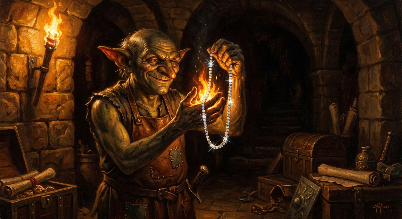 Goblin merchant displaying a brilliant iced-out moissanite tennis chain in his treasure vault