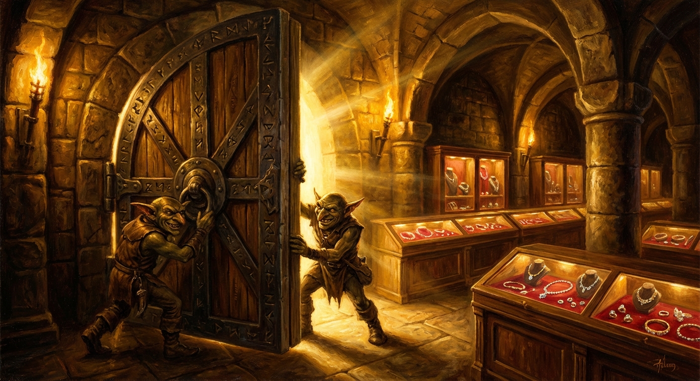 Massive underground treasure vault opening to reveal display cases of moissanite jewelry