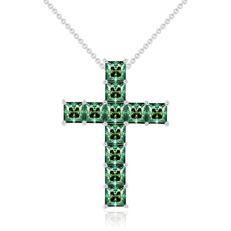VVS Moissanite Cross Pendant Emerald Green 925 Silver